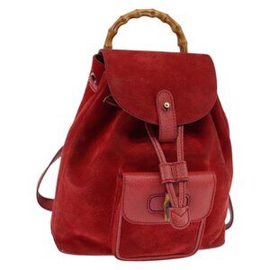 GUCCI Bamboo Backpack Suede Leather Red Gold Auth